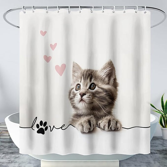 AILONEN 3D Kawaii Cat Shower Curtain, Fuzzy Ball Kitten Shower Curtain for Kids Girls Boys Bathroom Decor,Cute Pet Cat Lover Waterproof Shower Curtains Sets with Hooks,72" W*84" H