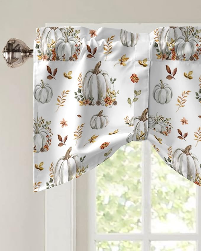 Fall Floral Leaves Blackout Tie Up Valance Curtains for Kitchen Windows Thanksgiving Pumpkins Window Toppers Balloon Shades for Living Room/Bathroom/Bedroom,1 Panel,42" X 18" Boho