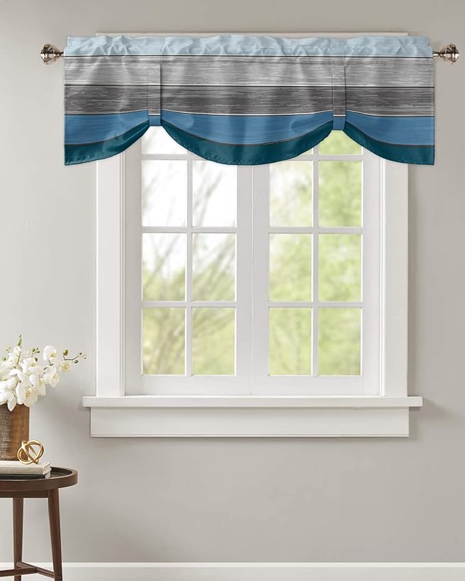 Farmhouse Blackout Tie Up Valance Curtains for Kitchen Windows,Blue Gray Ocean Hues Window Toppers Balloon Shades for Living Room/Bathroom/Bedroom,1 Panel,60" X 18" Retro Rustic Barn Wood Texture