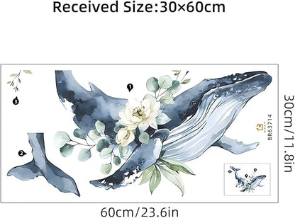 Cute Wreath Humpback Whale Wall Stickers, sacinora Cartoon Sea Animal Wall Decals Removable Vinyl Peel and Stick for Kids Baby Nursery Living Room Bedroom Children's Room Bathroom Art Decorations