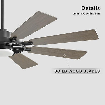 72" Ceiling Fan with Lights and Remote Control, Wood 8 Blades 6-Speed Noiseless Reversible DC Motor, 3 Downrods, Modern Ceiling fan for Office Porch Bedroom Dining Living Room, Black+Wood