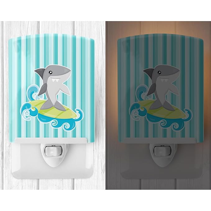 Caroline's Treasures BB6942CNL Surfin Shark on Stripes Ceramic Night Light Compact, UL-Certified, Ideal for Bedroom, Bathroom, Nursery, Hallway, Kitchen, 6x4x3, Multicolor