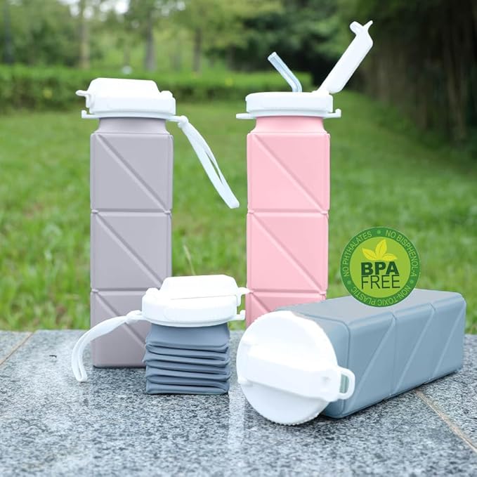 620ml Silicone Foldable Water Bottle with Straw Lid - Lightweight, Reusable, & Leakproof for Travel, Camping, Hiking, & Sports (BLUE)