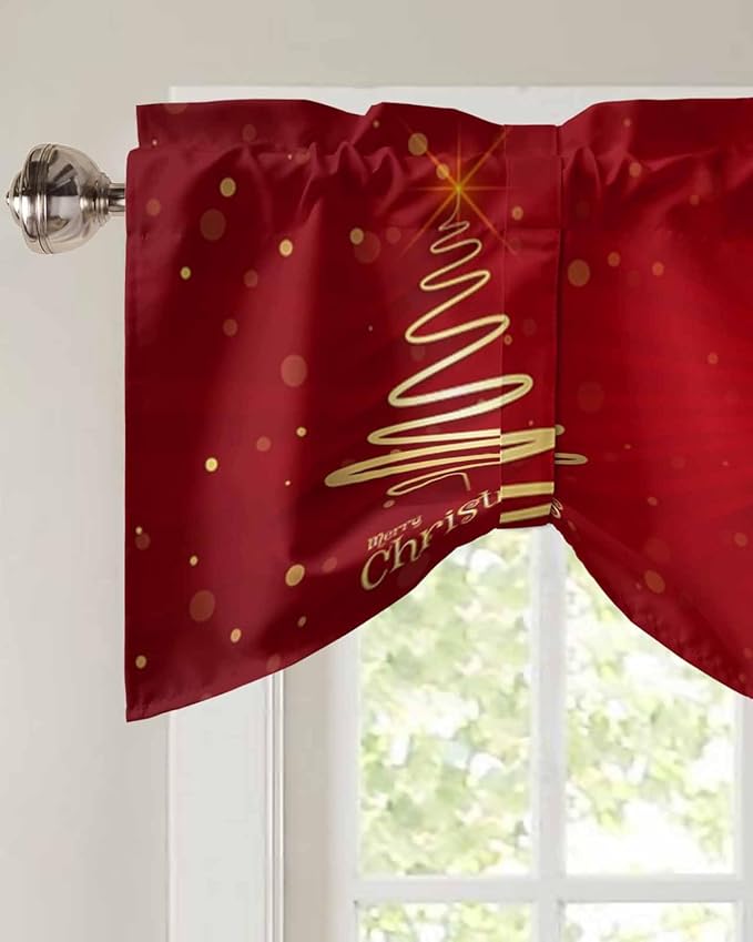 Christmas Tree Blackout Tie Up Valance Curtains for Kitchen Windows Merry Xmas Red Window Toppers Balloon Shades for Living Room/Bathroom/Bedroom,1 Panel,42" X 12" Winter Holiday Decor