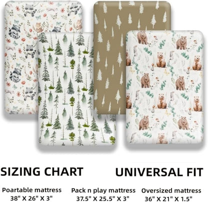 4 Pack N Play Sheets Woodland Forest Animals Wood Neutral Unisex Fitted Baby N Play Sheets Fitted for Standard Pack and Plays and Mini Cribs Set for Baby Boys or Girls (Cartoon Beer)