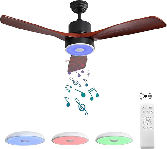60 Inch Wood Ceiling Fan with RGB Dimming LED Light,with Music Bluetooth Speaker,Remote Control,3-Speed Regulation, Reversible Motor,Timing,for Living Room,Bedroom,Restaurant,Outdoor
