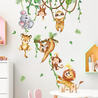 Lion Monkey Sloth Koala Tiger Wall Stickers Jungle Animals Climbing Tree Wall Decals Peel and Stick Wall Art Decals for Kids Bedroom Baby Nursery Living Room Playroom Boys Girls Bedroom
