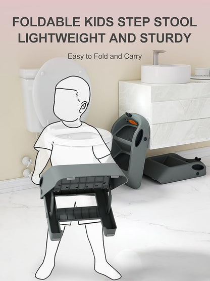 Toddler Step Stool Dark Grey, Foldable 2 Step Stool for Kids Bathroom Sink Potty Toilet, 15" Height(11" Two Steps & 4" Back Support), Cute & Lightweight Gift to Give Todders 1-3 More Independence