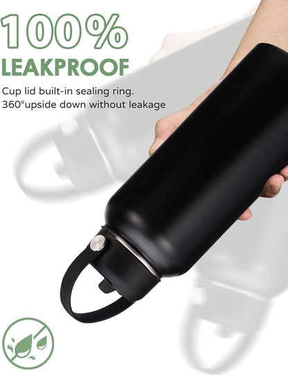 32/40/64oz Insulated Water Bottle with Straw - Spout Lids, Paracord Handle, Shoulder Carrier Bag, 32 oz Stainless Steel Water Bottle Thermal Flask for Sport Travel Work, Hydro Mug Cold for 48Hrs