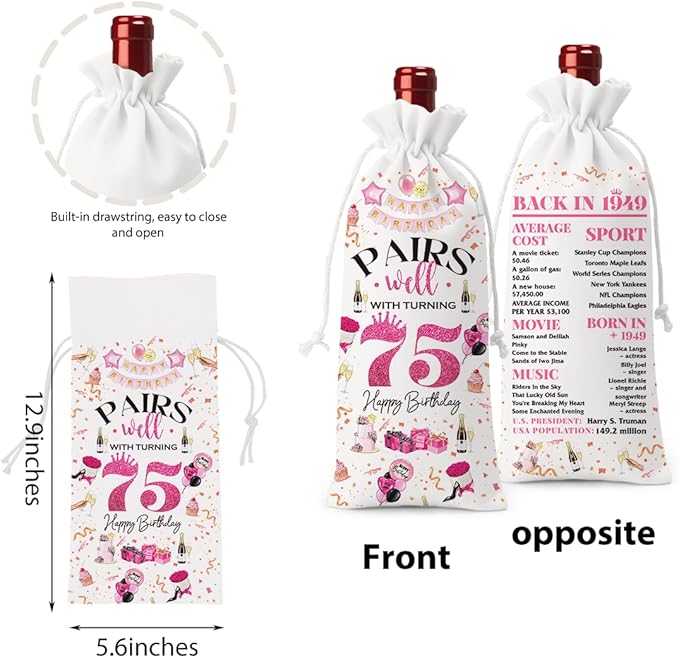 75th Birthday Gifts for Women Men Wine Bag, Birthday Gifts for 75 Year Old Man, Happy 75th Birthday Party Decorations Women for Men, Pairs Well with Turning 75 Wine Bags (White Pink)