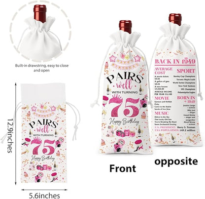 75th Birthday Gifts for Women Men Wine Bag, Birthday Gifts for 75 Year Old Man, Happy 75th Birthday Party Decorations Women for Men, Pairs Well with Turning 75 Wine Bags (White Pink)