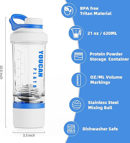 21oz Protein Shaker Bottle with Powder Storage Container-Shaker Cups for Protein Shakes-pre workout bottle-Mixer Cup-Gym Sport Water Bottle -Made with Tritan BPA Free,with Wire Whisk Balls (Blue)