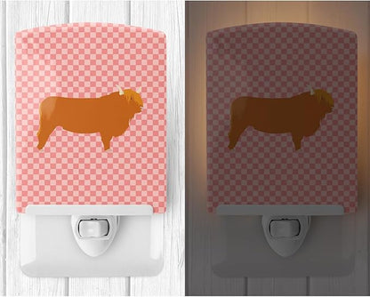 Caroline's Treasures BB7820CNL Highland Cow Pink Check Ceramic Night Light Compact, UL-Certified, Ideal for Bedroom, Bathroom, Nursery, Hallway, Kitchen, 6x4x3, Multicolor