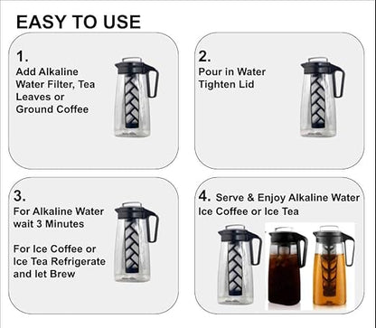 Alkaline Water Filter Pitcher with Infuser, Tritan Pitcher with Lid 2L | 9.5 pH Alkaline Filters | Tea Pitcher | Tritan BPA Free Ice Coffee Maker | Infuser Pitcher (100g Filter 3 Pack)