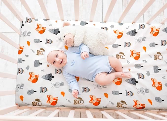 4 Pack N Play Sheets Woodland Forest Animals Wood Neutral Unisex Fitted Baby N Play Sheets Fitted for Standard Pack and Plays and Mini Cribs Set for Baby Boys or Girls