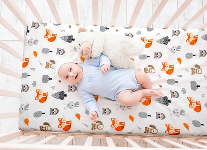 4 Pack N Play Sheets Woodland Forest Animals Wood Neutral Unisex Fitted Baby N Play Sheets Fitted for Standard Pack and Plays and Mini Cribs Set for Baby Boys or Girls