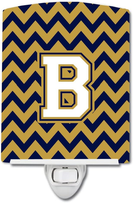 Caroline's Treasures CJ1057-BCNL Letter B Chevron Navy Blue and Gold Ceramic Night Light Compact, UL-Certified, Ideal for Bedroom, Bathroom, Nursery, Hallway, Kitchen, 6x4x3, Multicolor