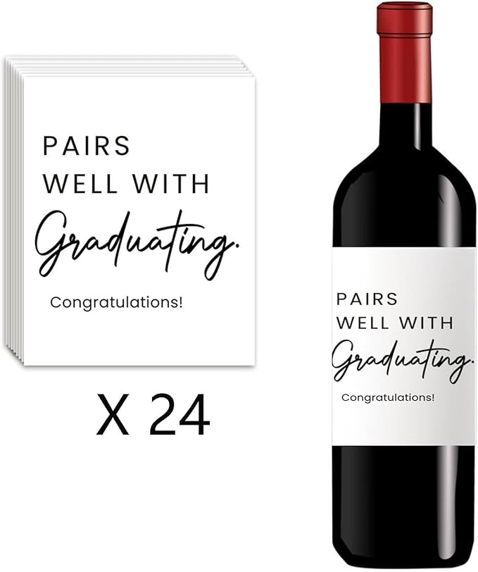 24Pcs Graduation Wine Labels, College Graduation Grad Gifts for Him Her Women, Graduation Party Decorations Wine Bottle Stickers Labels, Pairs Well With Graduating Wine Labels