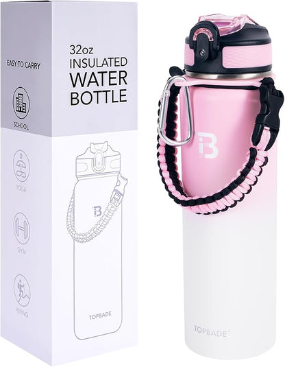 32oz Insulated Water Bottle with Straw Lid & Spout Lid & Paracord Handle, Stainless Steel Water Bottle Wide Mouth, Double Wall for Women Men Gym Fitness Outdoor