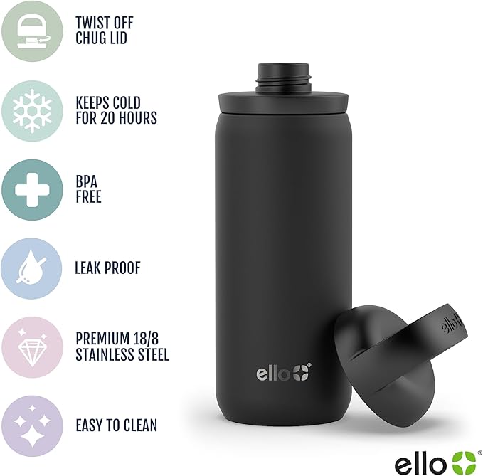 Ello Cooper Twist 18oz Kids Stainless Steel Water Bottle with Chug Lid | Leak Proof Double Walled and Vacuum Insulated | Fits Car Cupholder | Built in Carry Loop | Dishwasher Safe | Sage