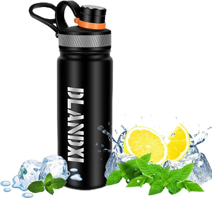 24 oz Double Wall Vacuum Insulated Stainless Steel Water Bottle with Spout Lid BPA Free (BLACK, 24 OZ)