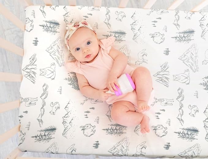 4 Pack N Play Sheets Woodland Forest Animals Wood Neutral Unisex Fitted Baby N Play Sheets Fitted for Standard Pack and Plays and Mini Cribs Set for Baby Boys or Girls