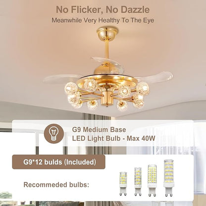 42" Chandelier Ceiling Fans with Lights: 12-Light Sputnik Ceiling Fan Crystal Chandeliers - Modern Retractable Fandelier Ceiling Fan for Bedroom Living Room - Gold Fandelier with Lights
