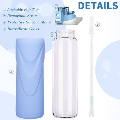 32 oz Sports Glass Water Bottle with Straw & Silicone Sleeve Reusable BPA-free Borosilicate Glass Drinking Bottle with Flip Top Lid & Handle Wide Mouth (Sky Blue)