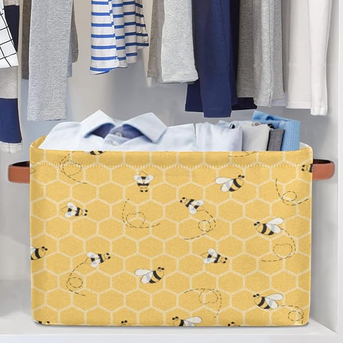 Honeycomb Bee Storage Basket Collapsible Storage Bin Large Fabric Storage Boxes Organizer with Leather Handles for Clothes Toys Books Kitchen Laundry 1Pc