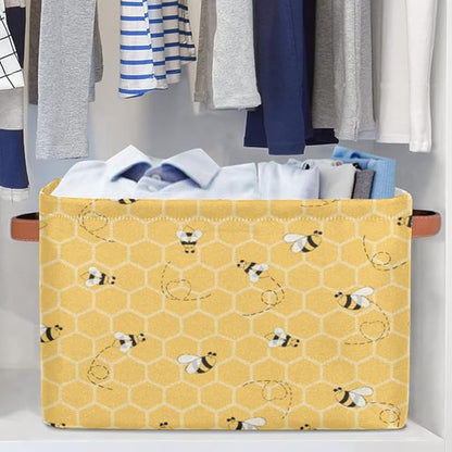 Honeycomb Bee Storage Basket Collapsible Storage Bin Large Fabric Storage Boxes Organizer with Leather Handles for Clothes Toys Books Kitchen Laundry 1Pc
