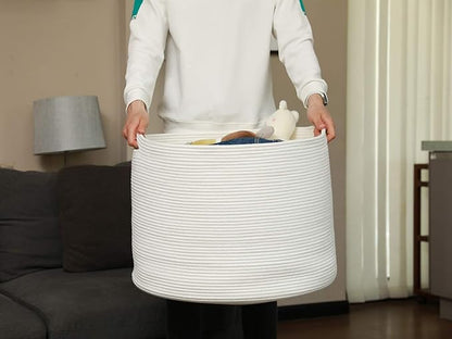 24" x 24" x 17" Max Size Large Cotton Rope Basket, Extra Large Storage Basket, Woven Laundry Hamper, Cloth Storage Bin, for Blankets Clothes Towels Pillows in Living Room, All White