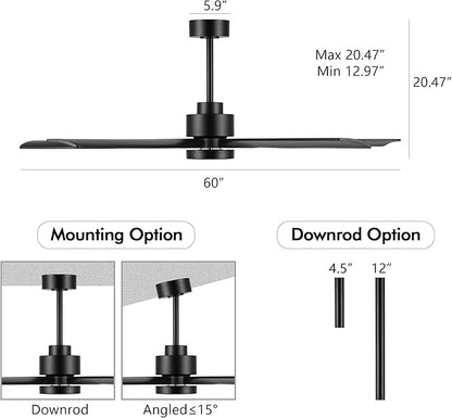 60" Modern Ceiling Fan with Lights and Remote Control, 5 Solid Wood Blades 6-Speed Noiseless Reversible DC Motor, Ceiling Fan for Bedroom Dinning Living Room, Black