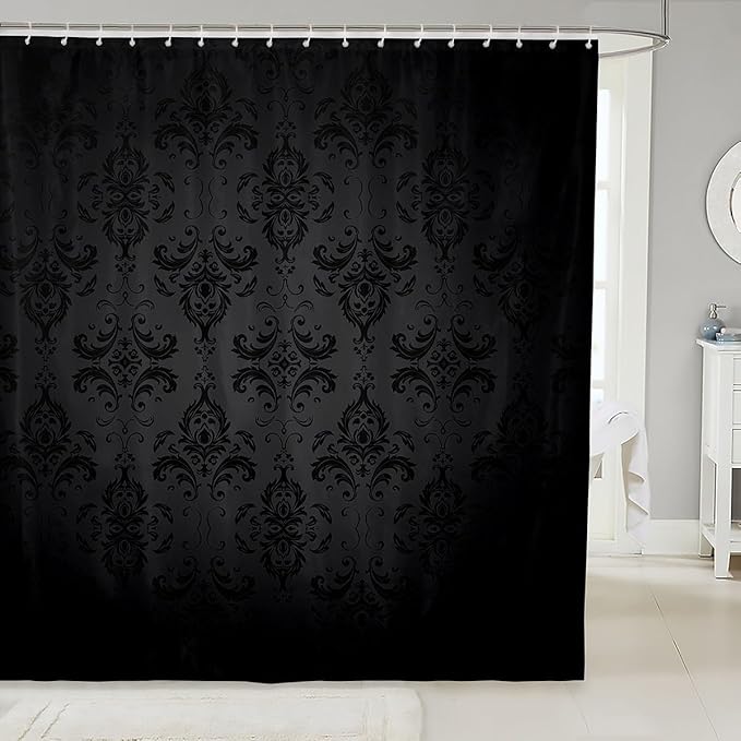 Feelyou Black Damask Shower Curtain 72"x84" Kids Vintage Floral Bathroom Shower Curtain Set for Boys Girls Teens Antique Victorian Baroque Bath Curtain Baroque Style Bathroom Accessories