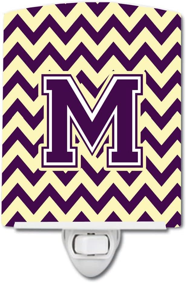 Caroline's Treasures CJ1058-MCNL Letter M Chevron Purple and Gold Ceramic Night Light Compact, UL-Certified, Ideal for Bedroom, Bathroom, Nursery, Hallway, Kitchen, 6x4x3, Multicolor
