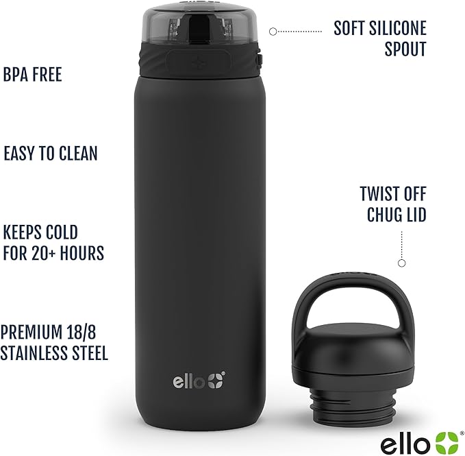 Ello Cooper 22oz Stainless Steel Water Bottle with 2 Lids Chug and Straw | Leak Proof Double Walled and Vacuum Insulated | Fits Car Cupholder | Built in Carry Loop | Dishwasher Safe | Cashmere Pink