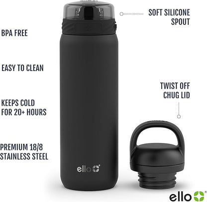 Ello Cooper 22oz Stainless Steel Water Bottle with 2 Lids Chug and Straw | Leak Proof Double Walled and Vacuum Insulated | Fits Car Cupholder | Built in Carry Loop | Dishwasher Safe | White Marble