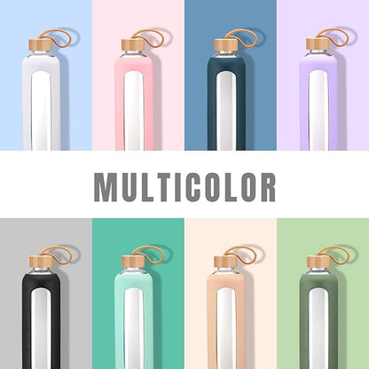 32oz Glass Water Bottle With 2 Lids-Flip Straw Lid, Bamboo Lid, Glass Water Bottle With Silicone Sleeve, Motivational Time Marker, Glass Juice Bottle for Cold Drink,White