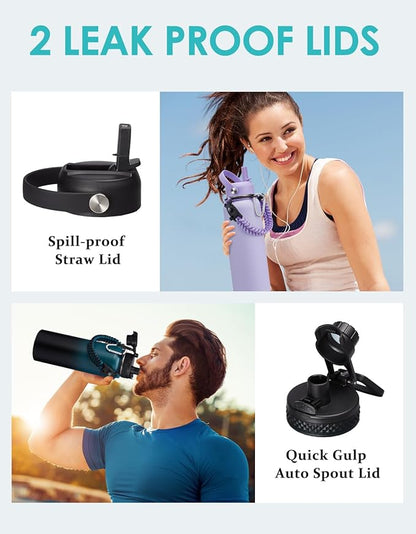 Pink 40 oz Insulated Water Bottle - with Straw Spout Lids, Triple Wall Stainless Steel Water Bottles Cold 48H Hot 24H, Wide Mouth Hydro Jug Metal Flask with Handle, Strap Carrier Bag for Women