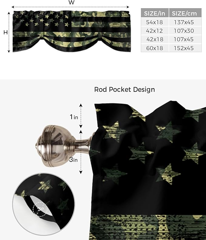 Rustic Green Camo Military Pattern American Flag Blackout Tie Up Valance Curtains for Kitchen Windows Camouflage Window Toppers Balloon Shades for Living Room/Bathroom/Bedroom,1 Panel,60" X 18"