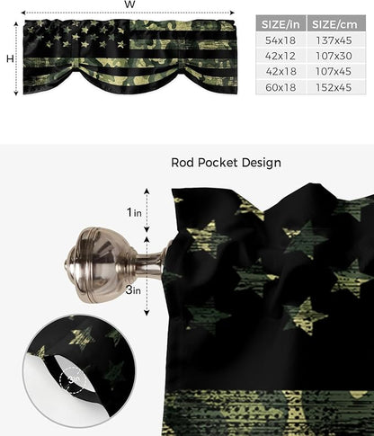 Rustic Green Camo Military Pattern American Flag Blackout Tie Up Valance Curtains for Kitchen Windows Camouflage Window Toppers Balloon Shades for Living Room/Bathroom/Bedroom,1 Panel,60" X 18"