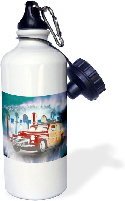 3dRose "Classic Woody Car and big wave background with surfer a great surfing lover gift" Sports Water Bottle, 21 oz, White
