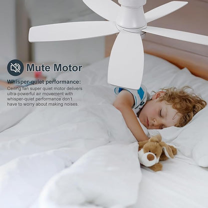 42 inch Ceiling Fans with Lights and Remote,Flush Mount White Ceiling Fan,Memory Fuction Reversible Quiet DC Motor Low Profile Ceiling Fans For Living Room Bedroom Outdoor(White&Natural Wood)