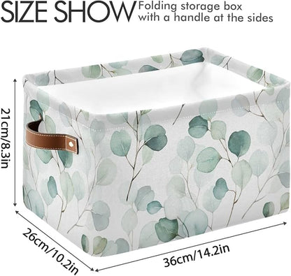 Wamika Leaves Flowers Storage Basket, Green and White Boho Botanical Foldable Storage Bins, 16x12x8 Inches, Durable Canvas Material, Easy to Clean, Collapsible for Space-Saving Storage