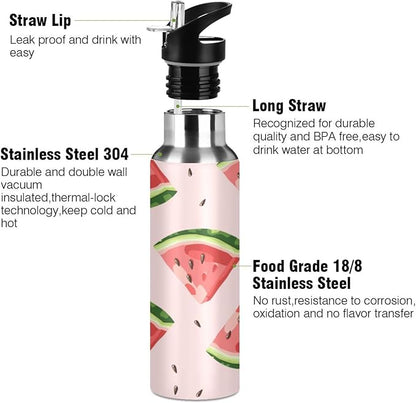 ALAZA Red Watermelons Water Bottle With Straw Lids Boys Girls,Vacuum Insulated Leakproof Stainless-Steel Sports Bottle Thermal Flask For Gym Yoga Camping,20Oz (600Ml)