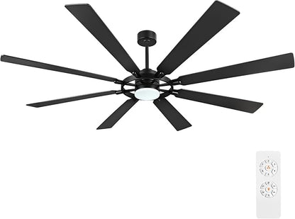 72" Ceiling Fan with Lights and Remote Control, Wood 8 Blades 6-Speed Noiseless Reversible DC Motor, 3 Downrods, Modern Large Ceiling fan for Covered Patio Bedroom Dining Living Room, Black