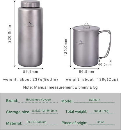 iBasingo 1050ml Titanium Bottle 600ml Nesting Cup Outdoor Camping Single Layer Wide Mouth Cookware Lightweight Portable Bottle Mug Hiking Picnic Solo Cooking Mess Kit