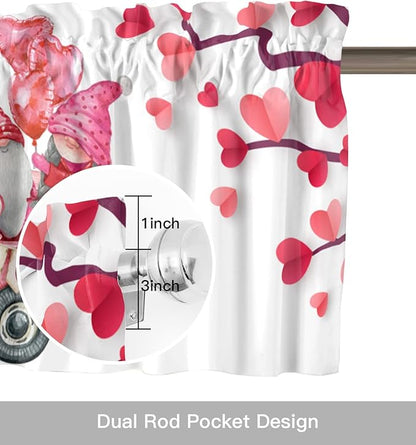 Happy Valentine's Day Valances Kitchen Curtains for Windows,Valentines Gnomes Farmhouse Trucks Rod Pocket Valances Pink Hearts Tree Decor Short Curtains for Bedroom/Living Room,54" X 18" -1 Panel