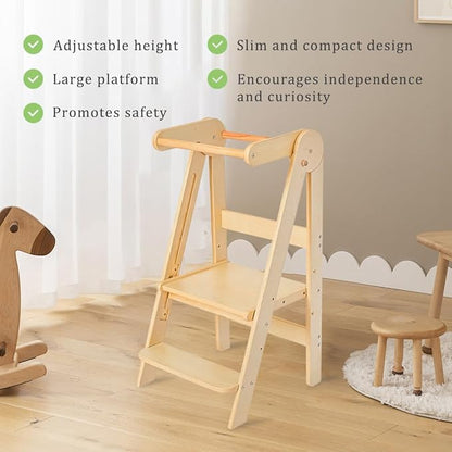 Kids Step Stool, Toddler Learning Tower, Easy Folding, Safety Rail with Lock, 3-Level Height Adjustable