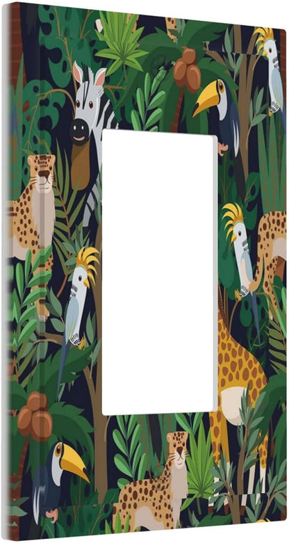 Cartoon Animal Zebra Leopard Giraffe Bird Leaf 1 Gang Rocker Nursery Light Switch Covers Decorative Single Decora Outlet Wall Plate Faceplate Switchplate GFCI for Kidroom Bedroom