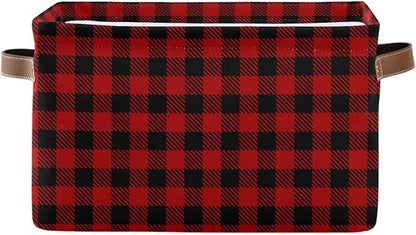Christmas Red Buffalo Plaid Storage Basket Fabric Laundry Baskets Winter Holiday Decorations Storage Boxes Organizer Bag for Baby Cloth Dog Toy Book Storage Cubes Shelf Closet Bins 16×12×8 Inches